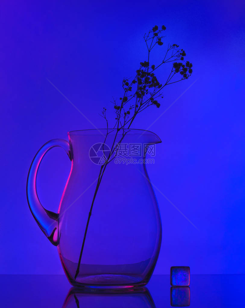 玻璃罐上面是蓝背景的野花干枝子图片