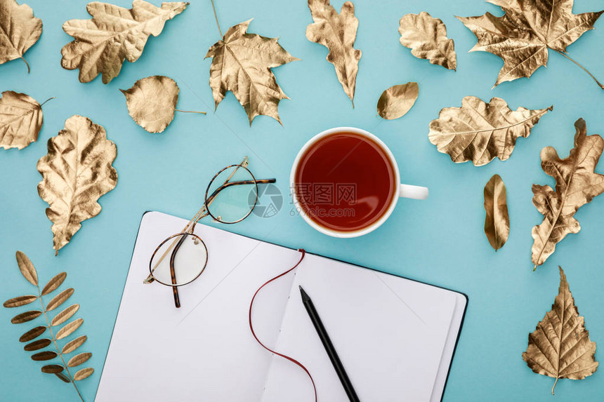 杯中茶叶眼镜和笔记本的顶端风景图片