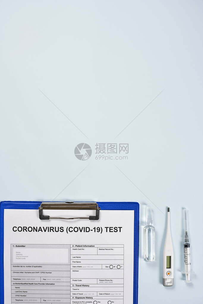 冠状测试表接受COVID19测试测试2019nCoV带有医疗用品和设备温度计注射器和安瓿的新冠病图片