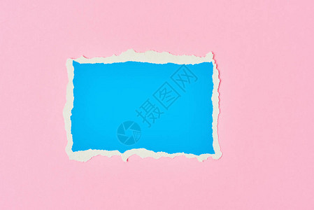 粉红色背景上的蓝色纸撕碎边缘页带有一块图片