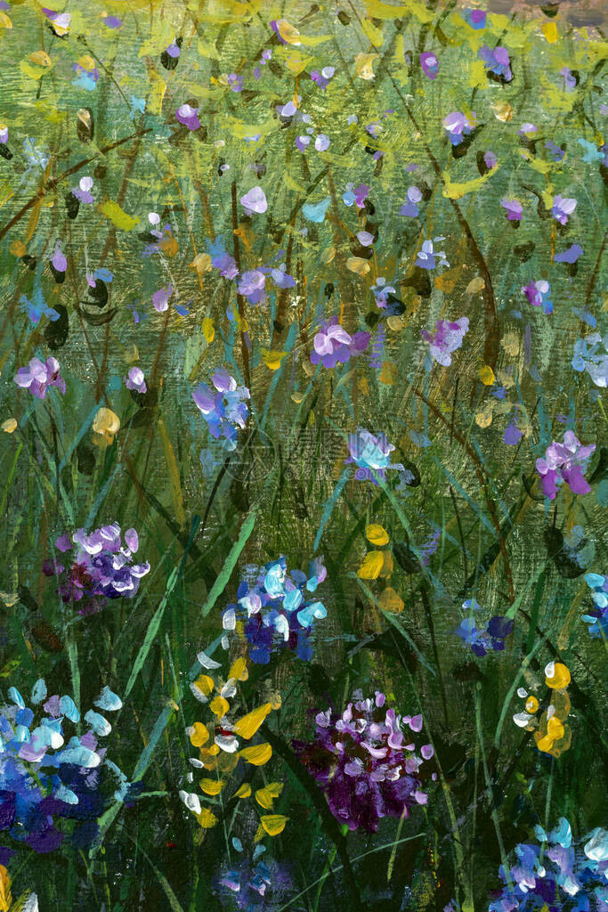 鲜花绘画草地上蓝色黄紫花朵油画图片