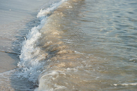 清澈的海水沙滩背景上有卷曲的波浪图片