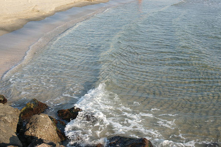 清澈的海水海岸背景上的蓝色波浪图片