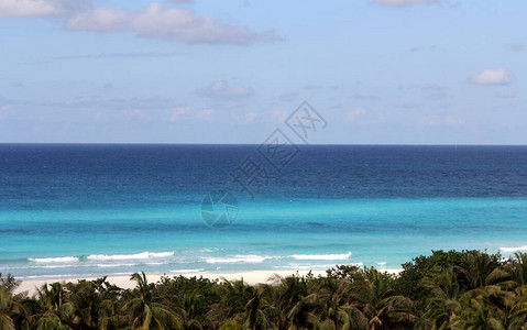 热带加勒比热带海滨滩和绿化的水景观作为背图片