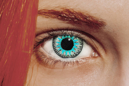 带有大而明亮的蓝色镜片的眼睛特写睫毛和瞳孔特写红色的头发和眉毛图片