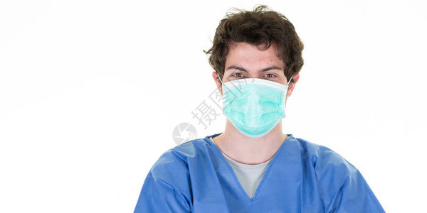 男医生护士身穿蓝色医用防护面罩服装图片