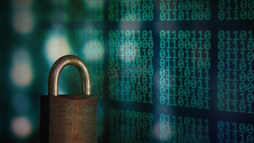 密码保护在多次曝光数字矩阵语言二进制代码的金属挂锁数据保护和数据挖掘和互图片