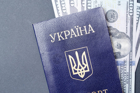 黑背景的乌克兰护照100美元由不同角度在护照内存放图片