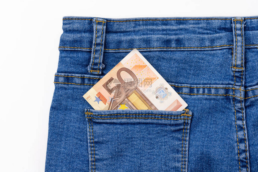 口袋牛仔裤背景纹理中的50欧元钞票图片
