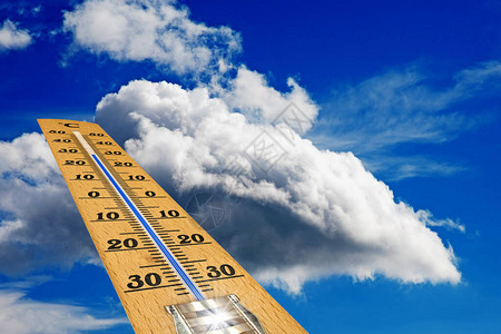 克利马万德尔在有云彩的天空前面的温度计背景