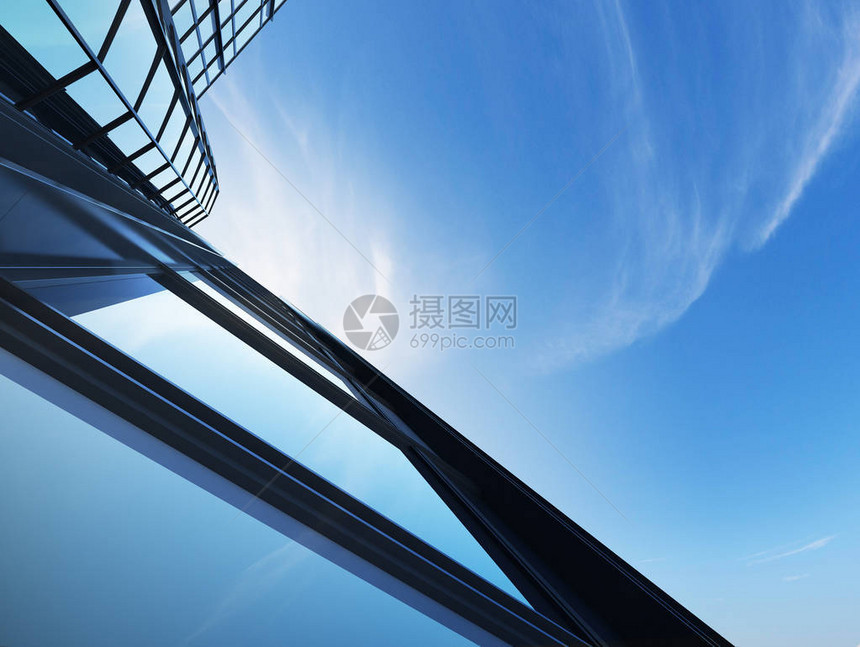 蓝天背景下的高层玻璃建筑和暗钢窗系统观图片