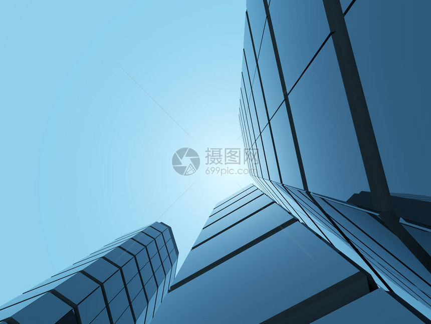 蓝天背景下的高层玻璃办公楼和暗钢窗系统观图片