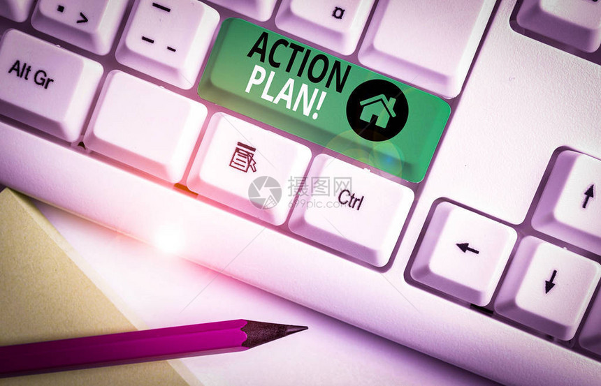 手写文字书写行动计划概念照片提出了一段时间内的策略或行动过程白色pc键盘图片