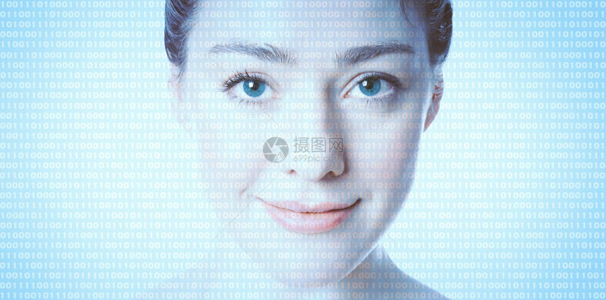 AI人工智能或女程序员编码器叠加在女脸上的二进图片