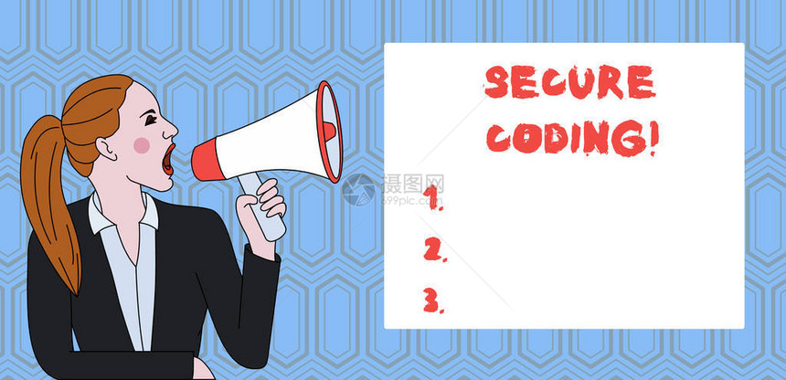 手写文字书写安全编码概念照片用于避免引入安全漏洞年轻女子夹克马尾辫在Loudhailer矩形图片