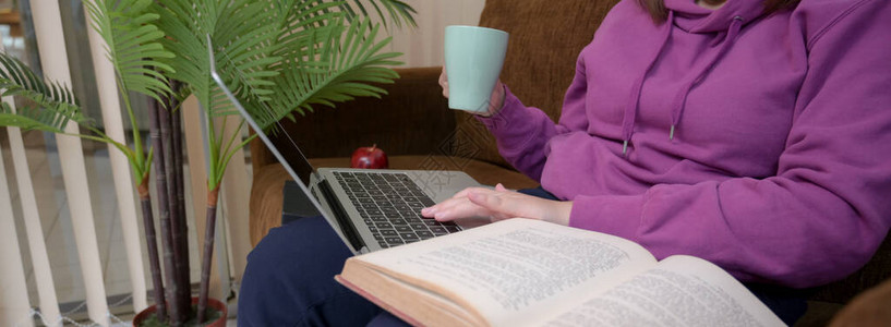 近距离观看坐在沙发上在家工作咖啡杯和膝上型笔记本电脑在她大图片