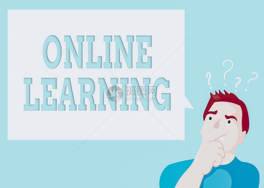 概念手写显示在线学习概念意思是学习一门可以通过互联网人表达手在嘴上问号图标文本气图片