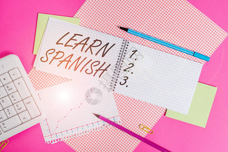 概念手写显示学习西班牙语概念意义获得或获得说和写西班牙语书写设备和放在普通桌子上的计算背景图片