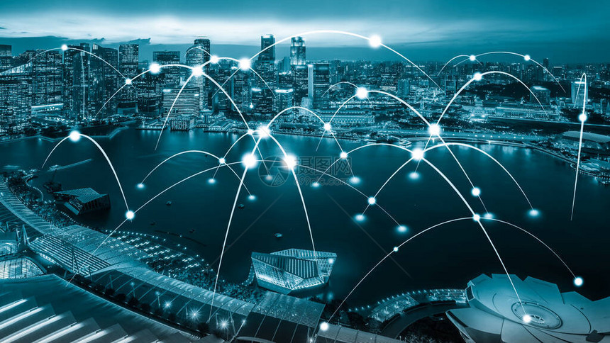 现代创意通信和互联网络连接在智慧城市5G无线数字连接和物联图片