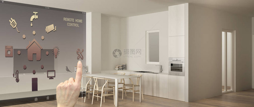 数字平板电脑上的智能远程家庭控制系统带有应用程序图标的设备现代简约的白色厨房图片