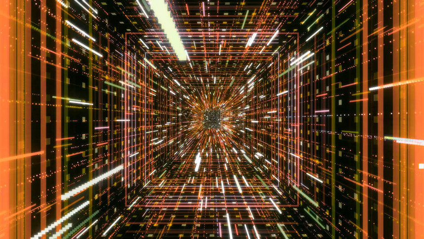 带有线条流的未来派闪亮隧道动画美丽的潜入方形隧道的网络空间图片