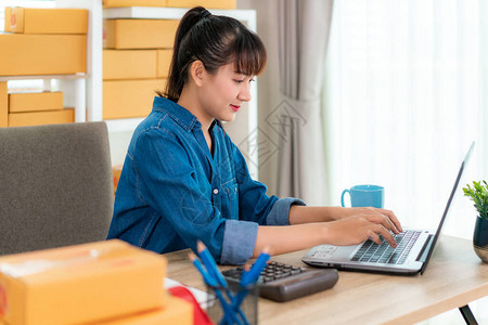 亚洲业主女商人在家工作进行网上购物图片