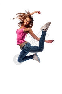舞蹈过级戴耳机的女孩跳过幸福的地板背景