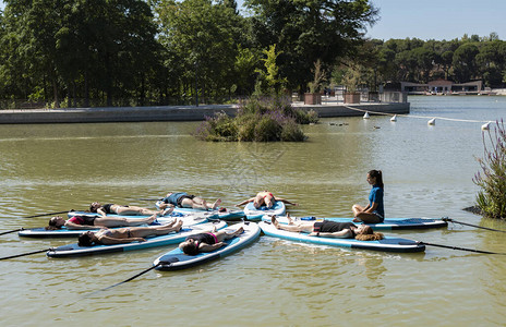 sup板上的瑜伽年轻女孩在城市湖上的SUP板上划桨团体女正在板上练习背景图片