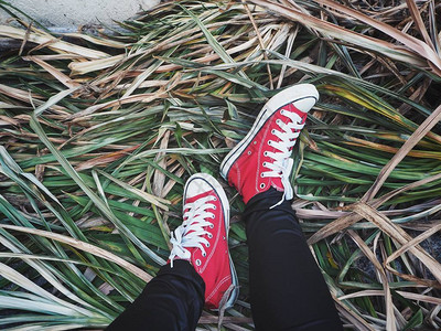 草背景上的红色运动鞋自拍背景图片