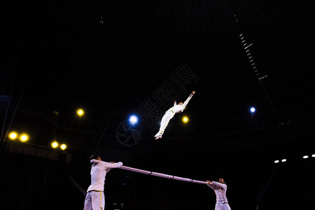 在马戏团的杆和男子附近跳跃的空中杂技演图片