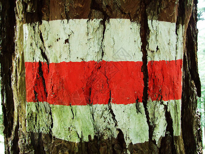 红色和白色标志绘在木标记远足径或瑞士登山标记上图片