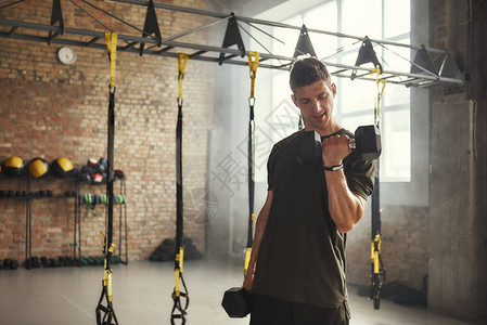 健壮的体力建设运动健壮的运动员与哑铃一起锻炼图片