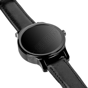 无线智能手表在圆光亮黑盒里黑色皮带在白色背景图片