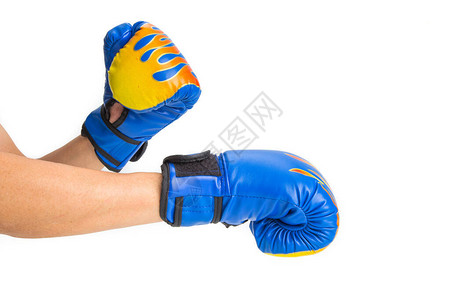 用蓝色拳击手套在白色背景图片