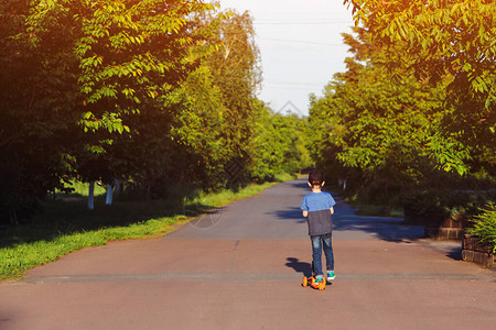 孩子学习骑滑板车可爱的男孩骑在夏日公园的滑板车上健康的生活方式和运动休闲孩子在户外度过活跃的时间背景图片