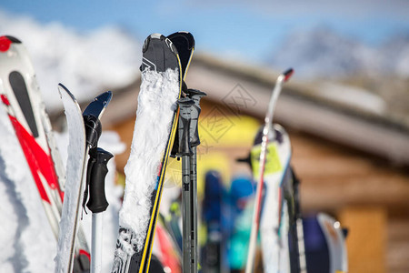 下午冬季度假胜地积雪中多色滑雪的图像图片