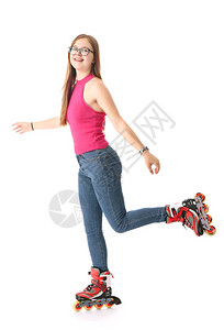 白色背景下在溜冰鞋上的少女图片