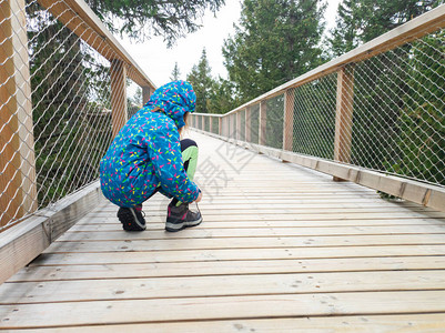 女在森林中走在木板上徒步旅图片