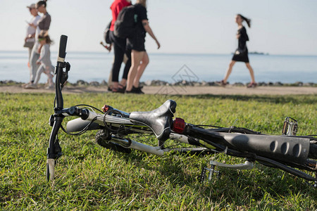 海边报告自行车在绿草地上人们沿着水行走夏天阳图片