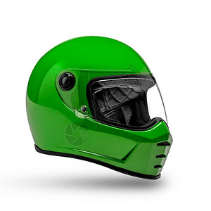 亮绿色的绿色摩托车头盔关闭白色背背景图片