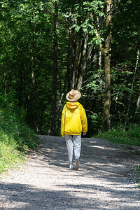 一个穿着亮黄色连帽衫戴着帽子的女孩正沿着森林里的一条小路走旅行远足图片