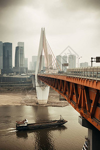 在重庆与城市建筑的桥下船经背景图片