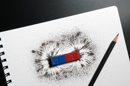 白色背景上的红色和蓝色条形磁铁或物理磁铅笔和铁粉磁场学校科学课背景图片