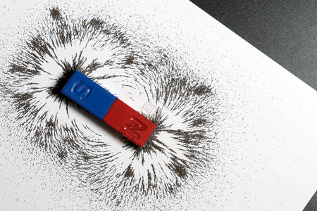 红色和蓝色条形磁铁或物理磁与白色背景上的铁粉磁场学校科学课背景图片