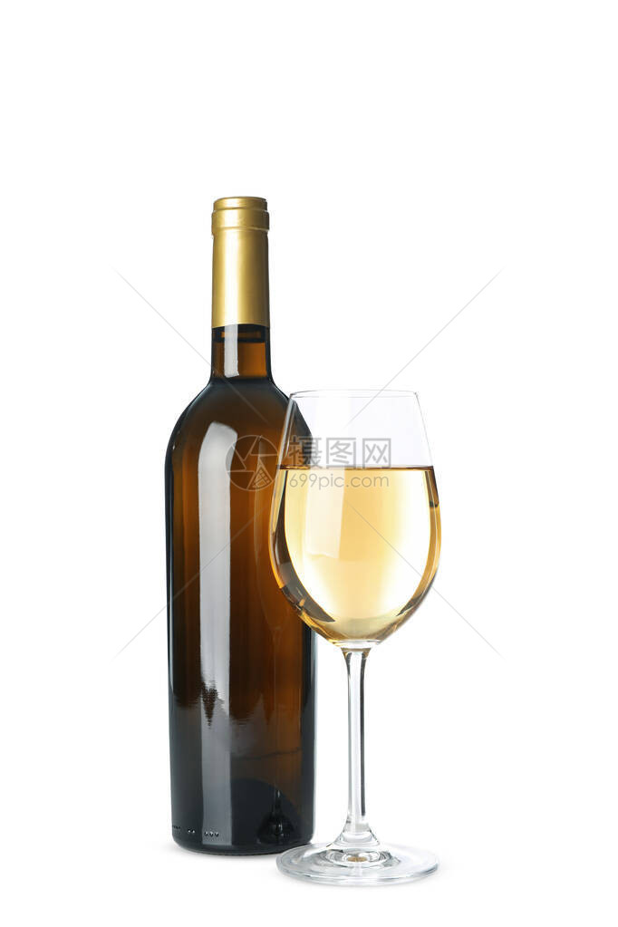 在白色背景上隔离的酒瓶和酒杯图片