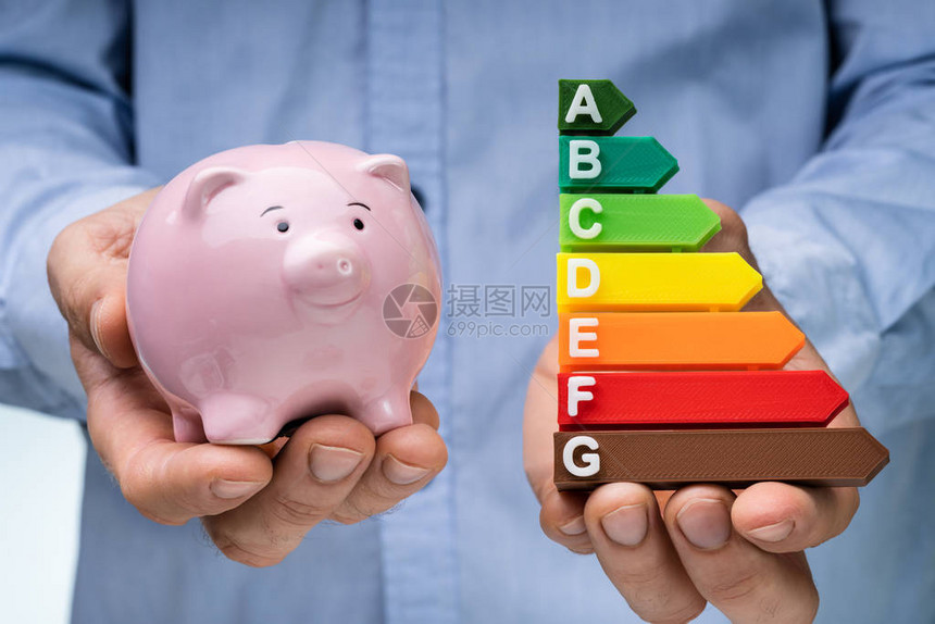 一个人的手拿着粉红色的存钱罐和五颜六色的能源效率图片