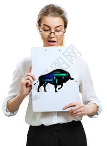 商业女商人拥有黑色双影公牛金融图标的平板电脑文件夹图片