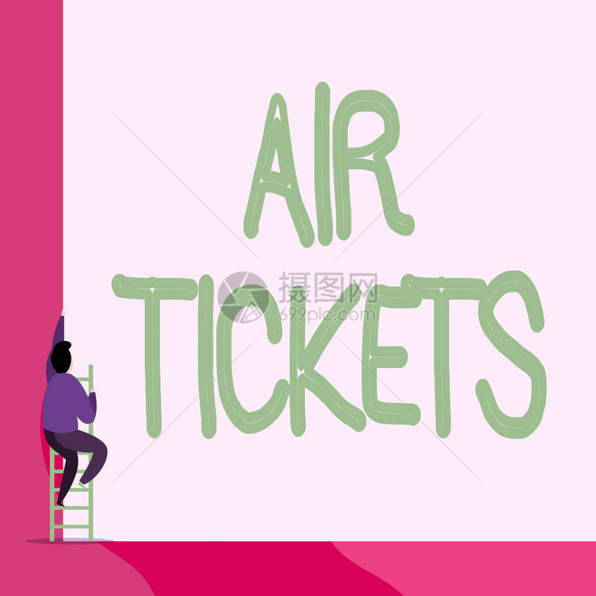 显示机票的文字符号商业照片展示个人有权在飞机上获得座位后视年轻人爬上楼梯子躺在图片