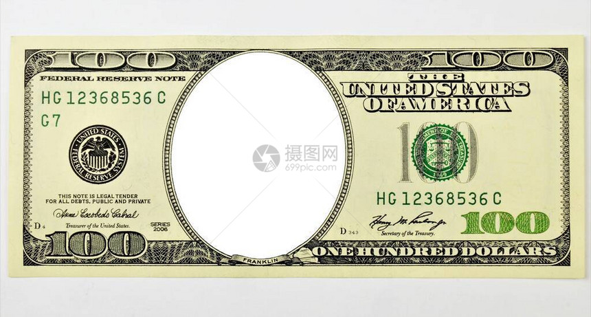 一百元的美国钞票没有肖像空框图片