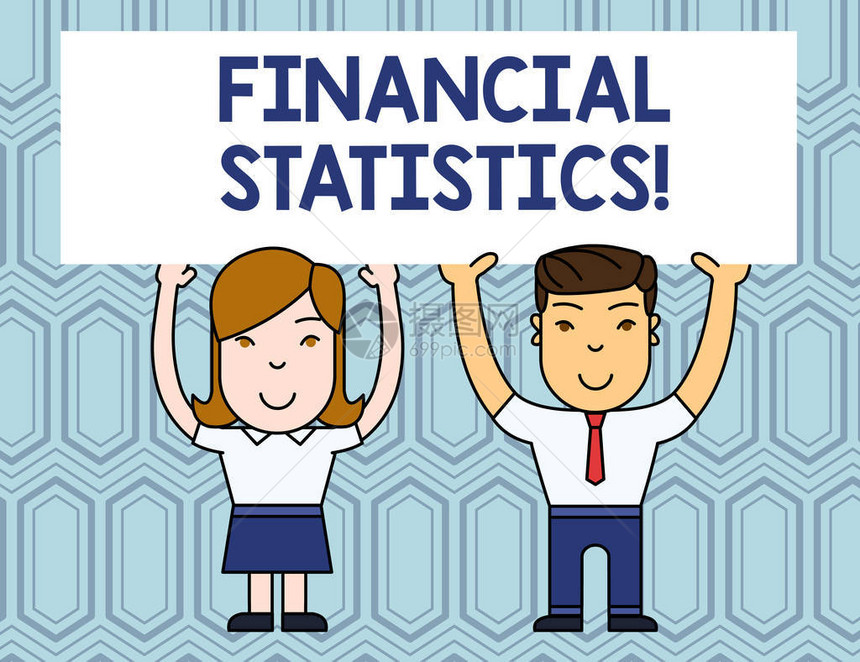 显示财务统计的文本符号商业照片展示了一家公司的综合库存和流量数据两个微笑的人双手举着大空图片